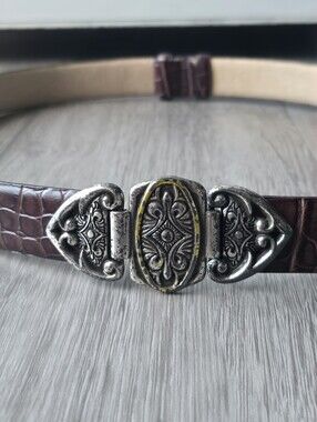 Lake Shore Drive Croc Embossed Leather Belt Brown Silver Ornate Buckle Western M